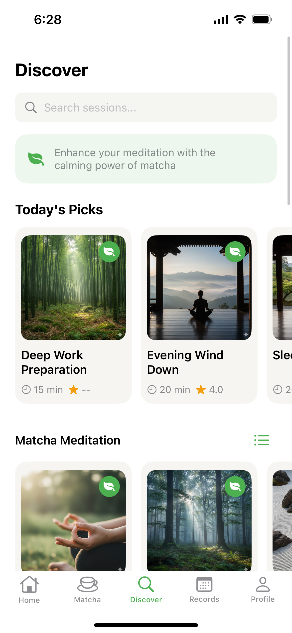 Matcha Shift - Discover screen with meditation sessions library