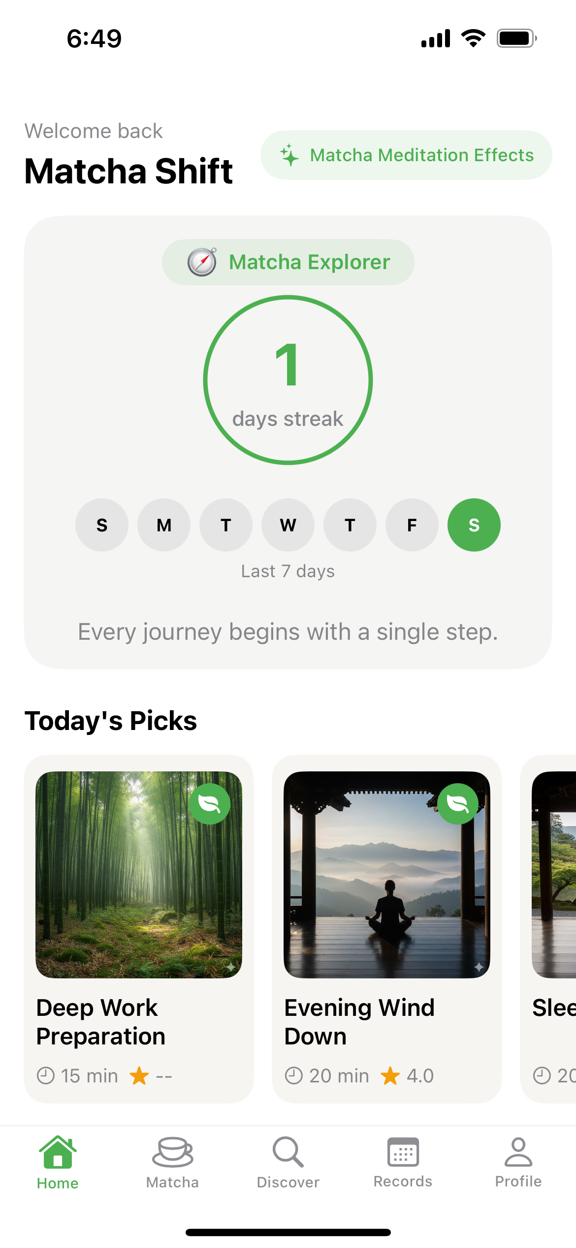 Matcha Shift app home screen