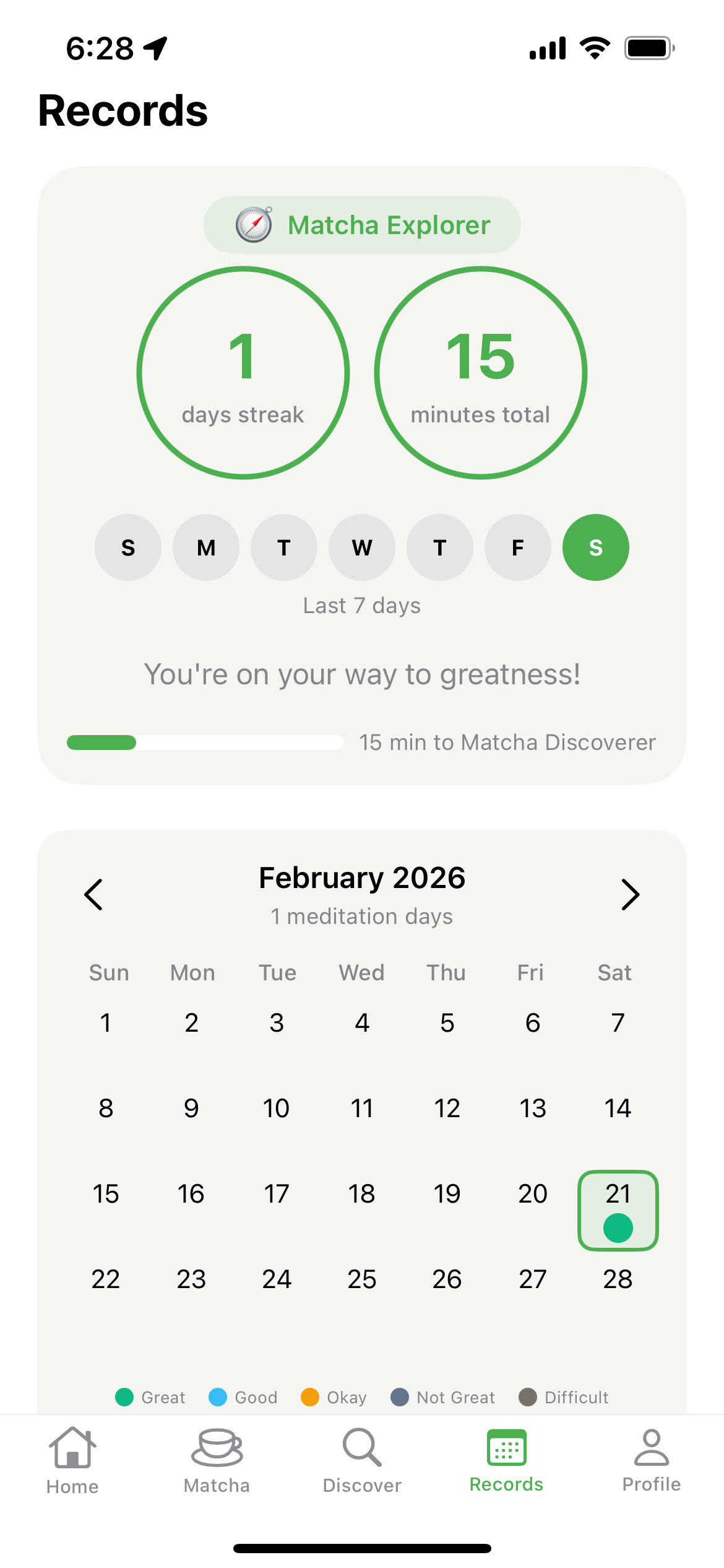 Matcha Shift - Records screen showing meditation history and calendar