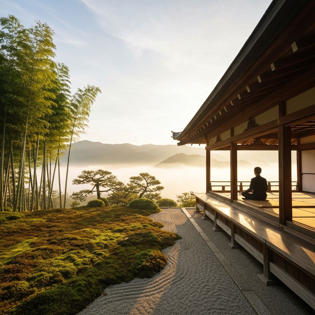 Japanese zen landscape with meditation